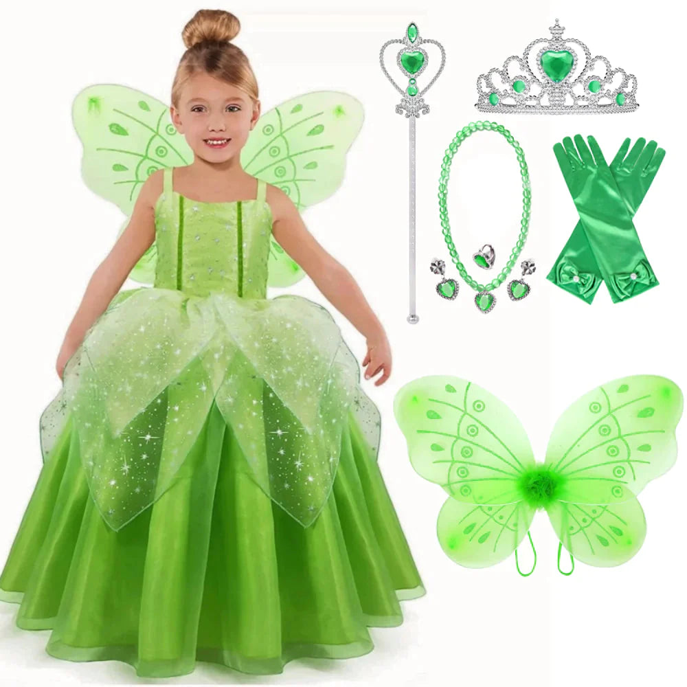 Vestido Fantasia Sininho Tinker Bell com Acessórios de Brinde