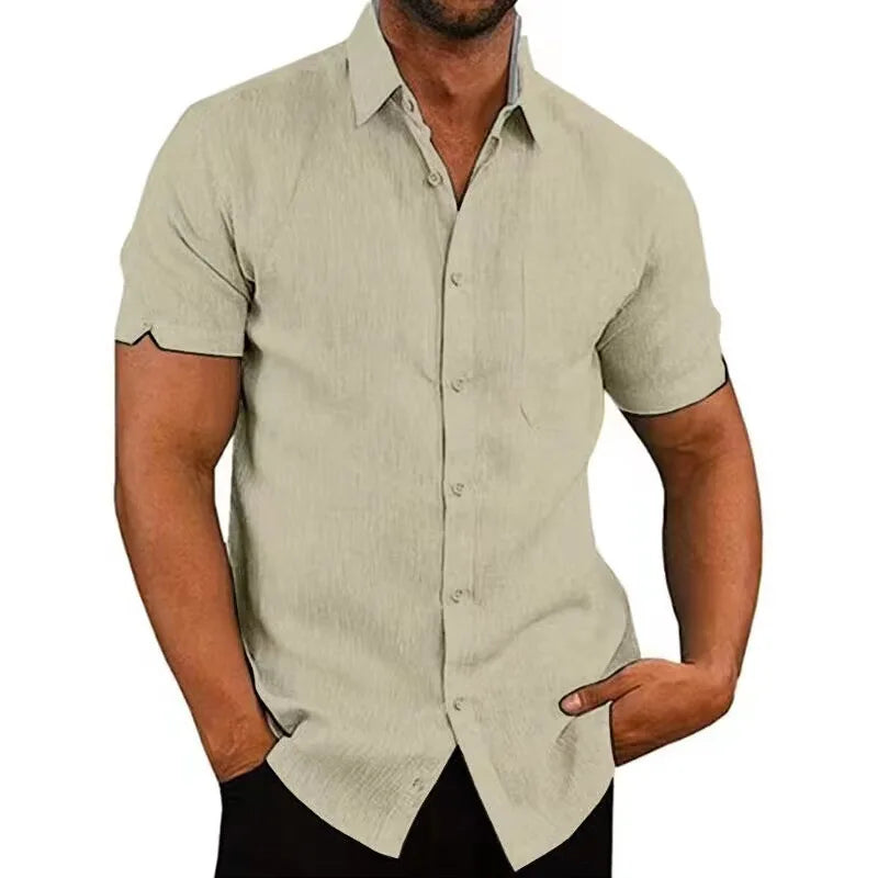 Camisa de Manga Curta Masculina Casual em Algodão e Linho