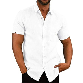 Camisa de Manga Curta Masculina Casual em Algodão e Linho