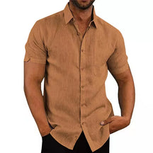 Camisa de Manga Curta Masculina Casual em Algodão e Linho