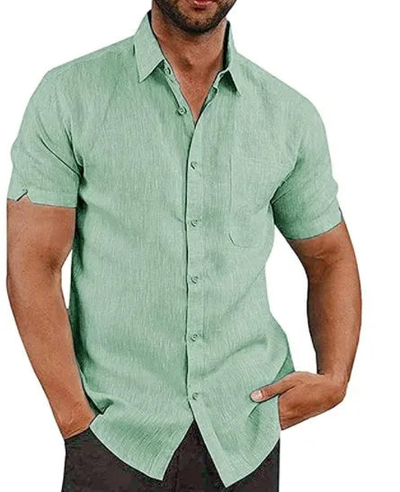 Camisa de Manga Curta Masculina Casual em Algodão e Linho